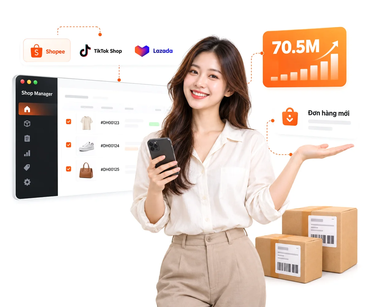 Nhà bán hàng dùng phần mềm AutoShopee quản lý đơn hàng, doanh thu Shopee, TikTok Shop, Lazada trên một nền tảng