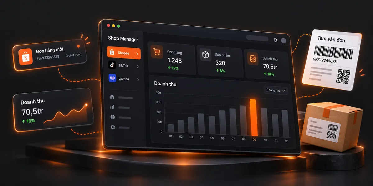 Giao diện Shop Manager quản lý đơn hàng, doanh thu nhiều shop Shopee, TikTok Shop, Lazada